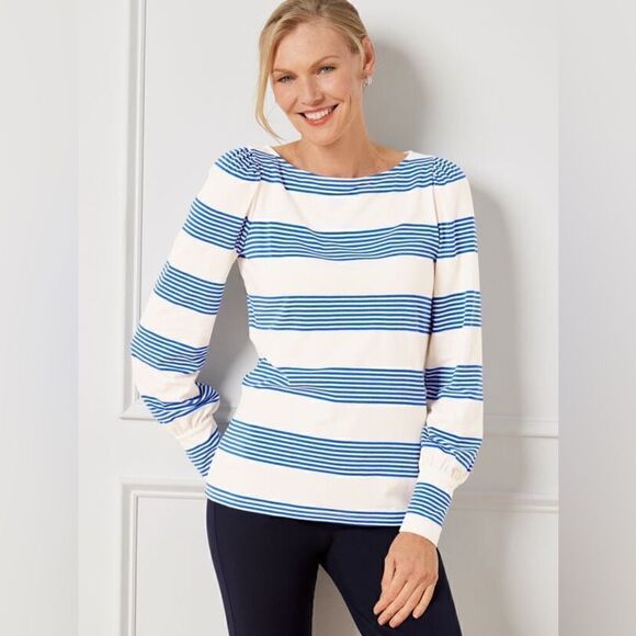 NWT Talbots Blouson Sleeve Tee Cluster Stripe Top Blue Worn On TV Size XS - Picture 1 of 5